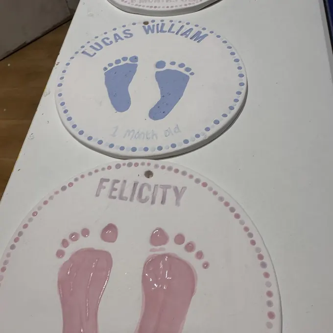 Baby footprint keepsake plates made at Pictura Chester